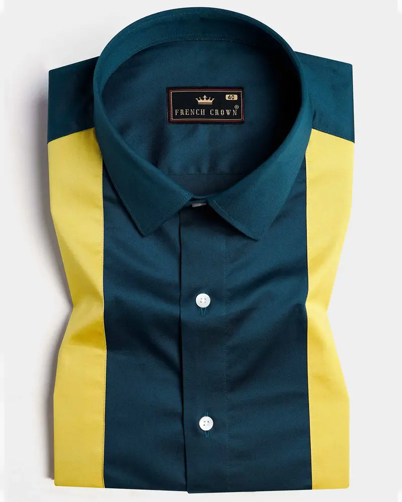 Firefly Blue And Anzac Yellow Subtle Sheen Super Soft Premium Cotton Designer Shirt 1