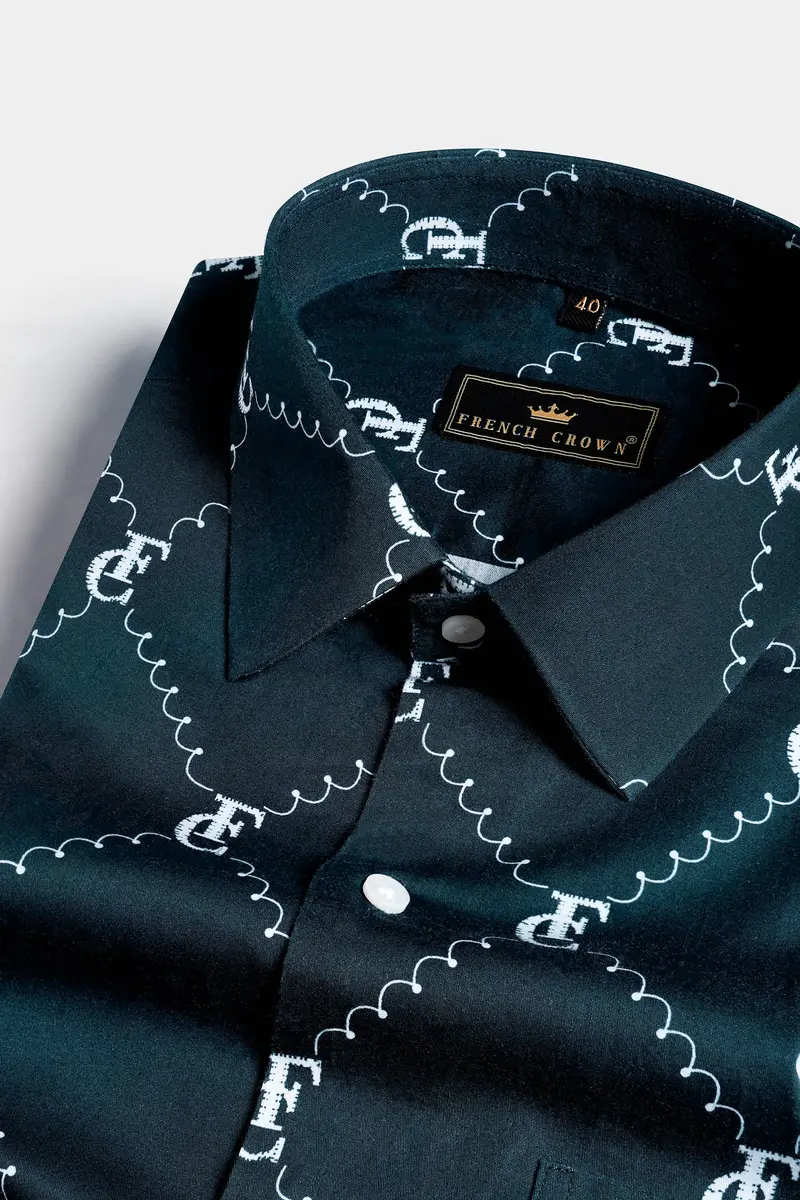Firefly Blue And White With French Crown Elements And Geometric Printed Subtle Sheen Super Soft Premium Cotton Designer Shirt 1