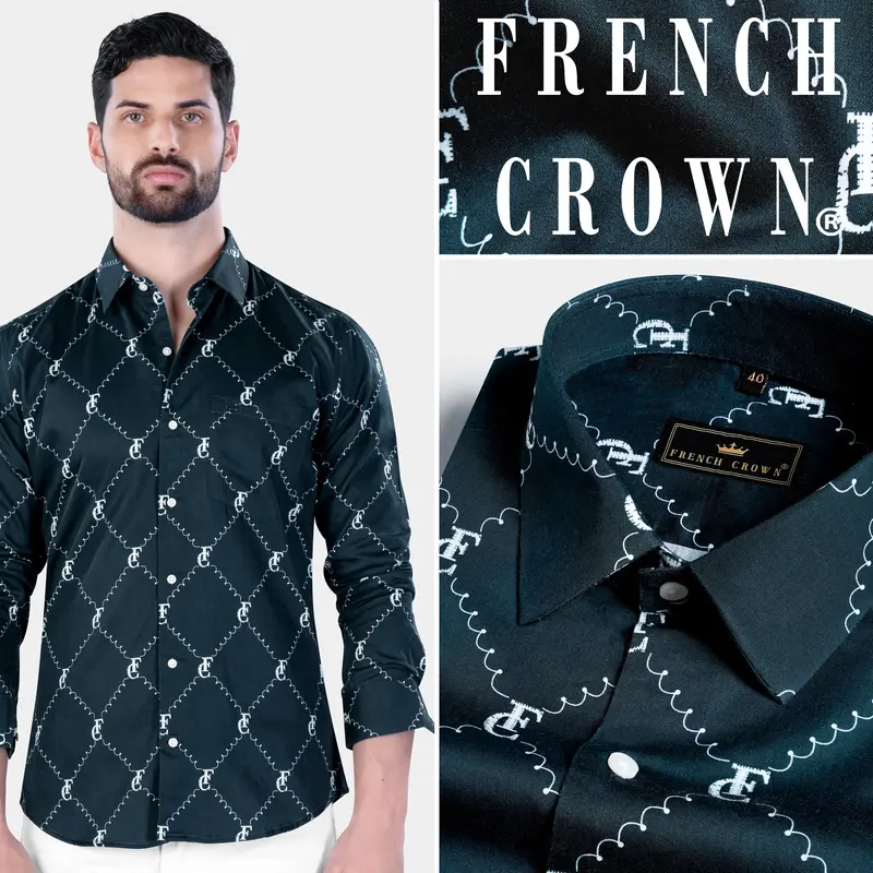Firefly Blue And White With French Crown Elements And Geometric Printed Subtle Sheen Super Soft Premium Cotton Designer Shirt 12