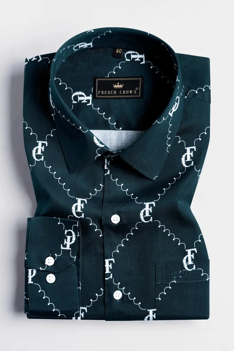 Firefly Blue And White With French Crown Elements And Geometric Printed Subtle Sheen Super Soft Premium Cotton Designer Shirt 3