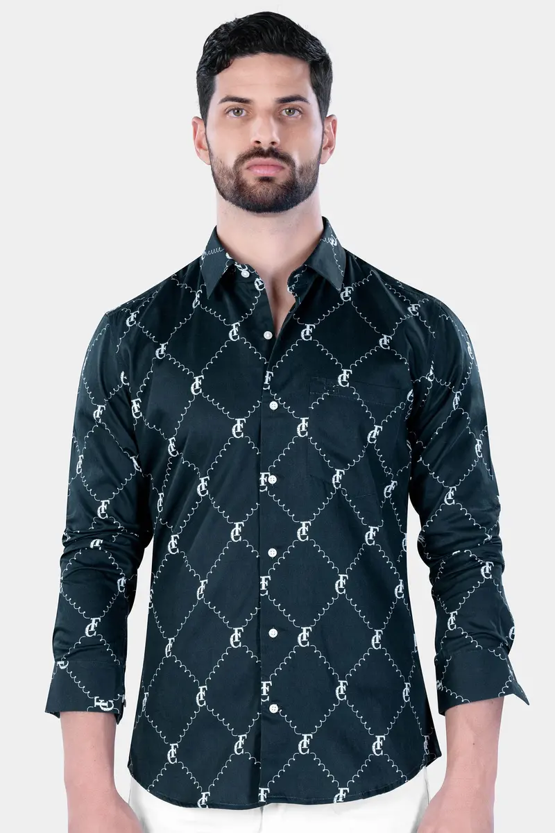 Firefly Blue And White With French Crown Elements And Geometric Printed Subtle Sheen Super Soft Premium Cotton Designer Shirt 5