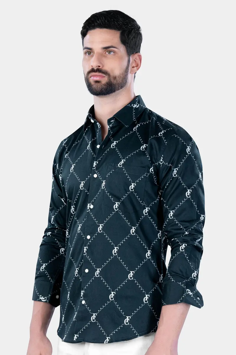 Firefly Blue And White With French Crown Elements And Geometric Printed Subtle Sheen Super Soft Premium Cotton Designer Shirt 6