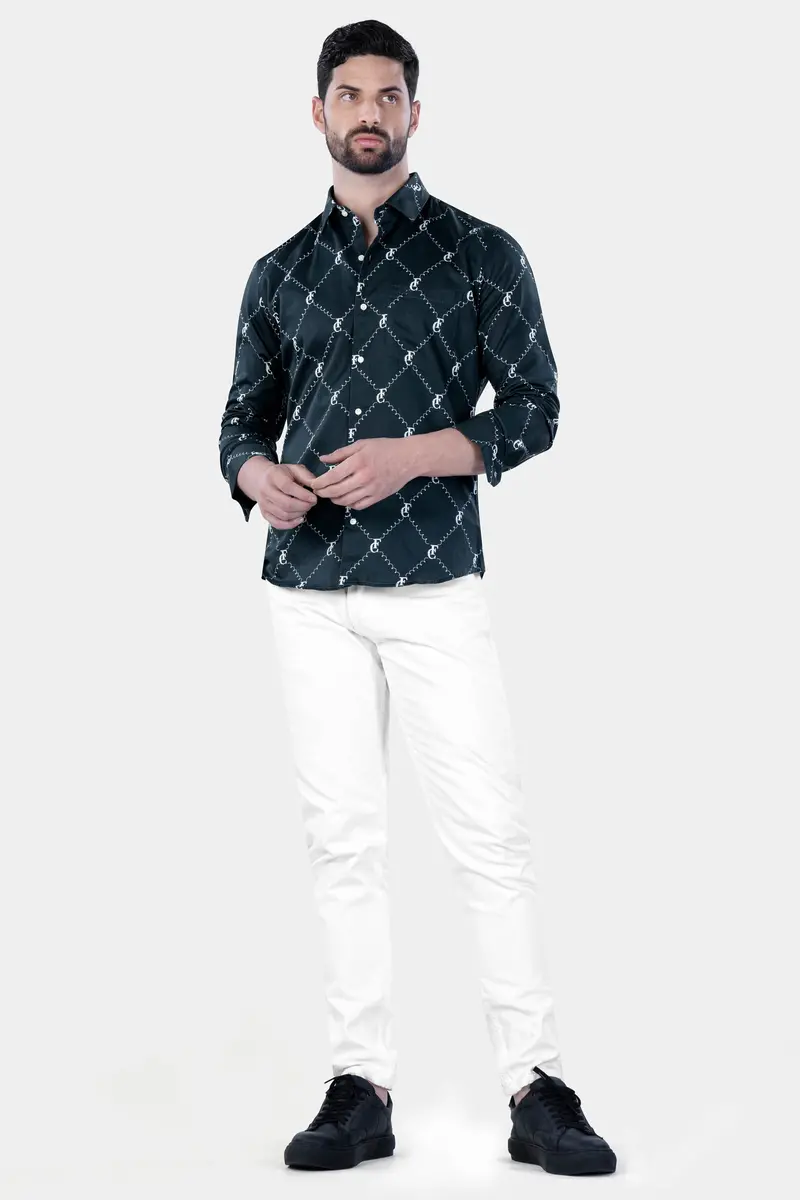 Firefly Blue And White With French Crown Elements And Geometric Printed Subtle Sheen Super Soft Premium Cotton Designer Shirt 7