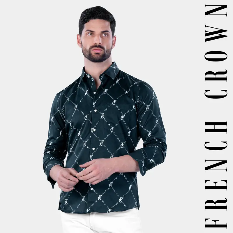 Firefly Blue And White With French Crown Elements And Geometric Printed Subtle Sheen Super Soft Premium Cotton Designer Shirt 8