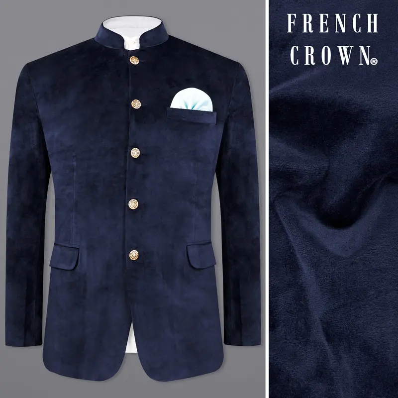 Firefly Blue Bandhgala Velvet Designer Blazer 1