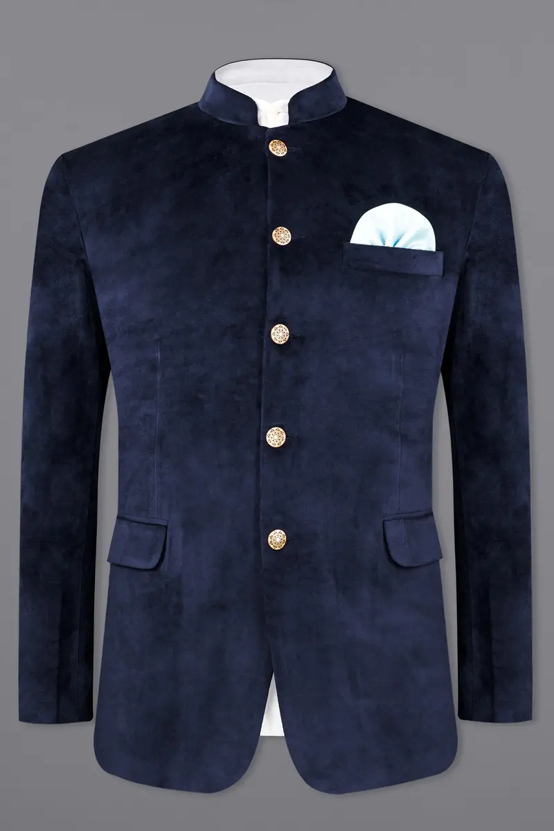 Firefly Blue Bandhgala Velvet Designer Blazer 2