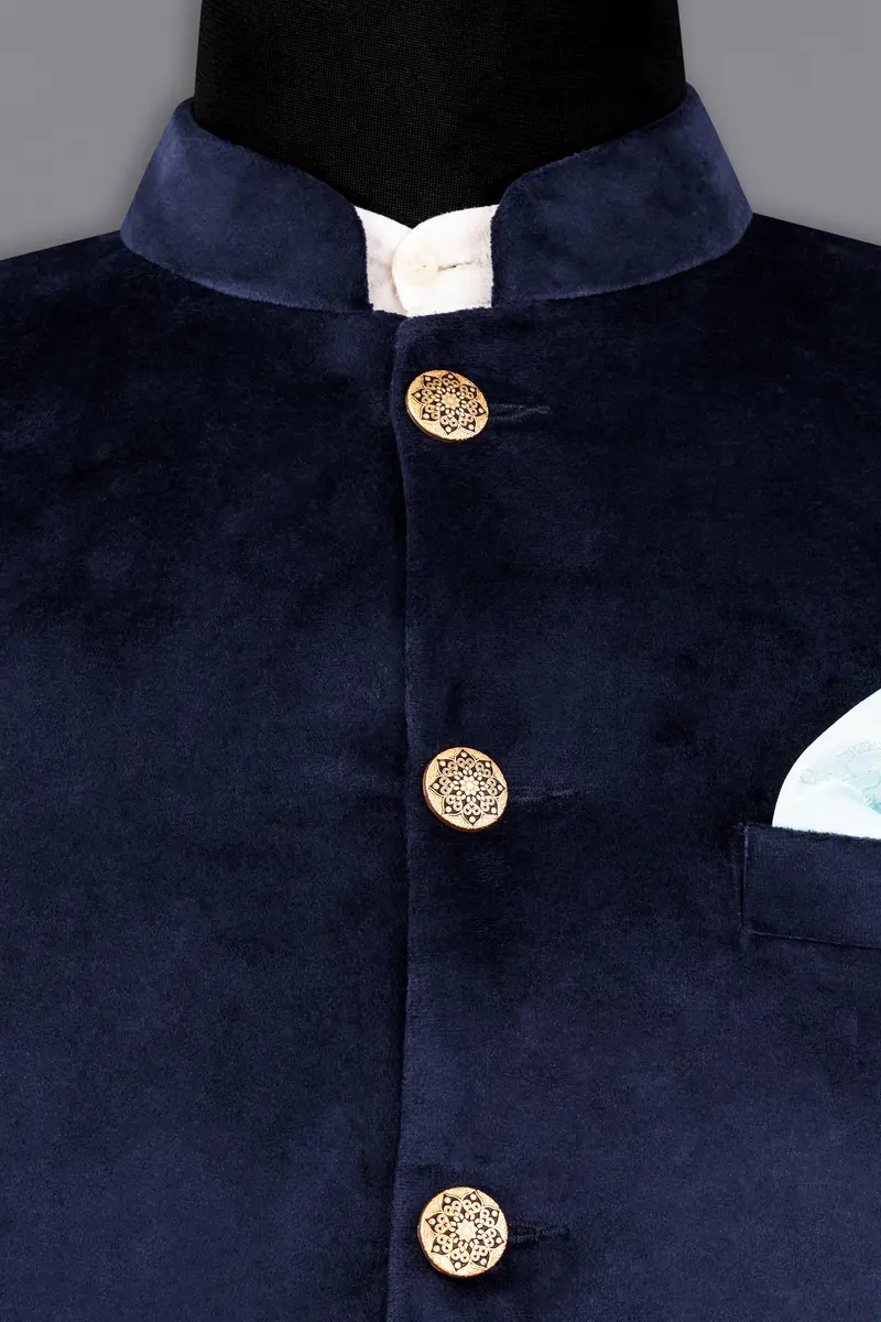 Firefly Blue Bandhgala Velvet Designer Blazer 4
