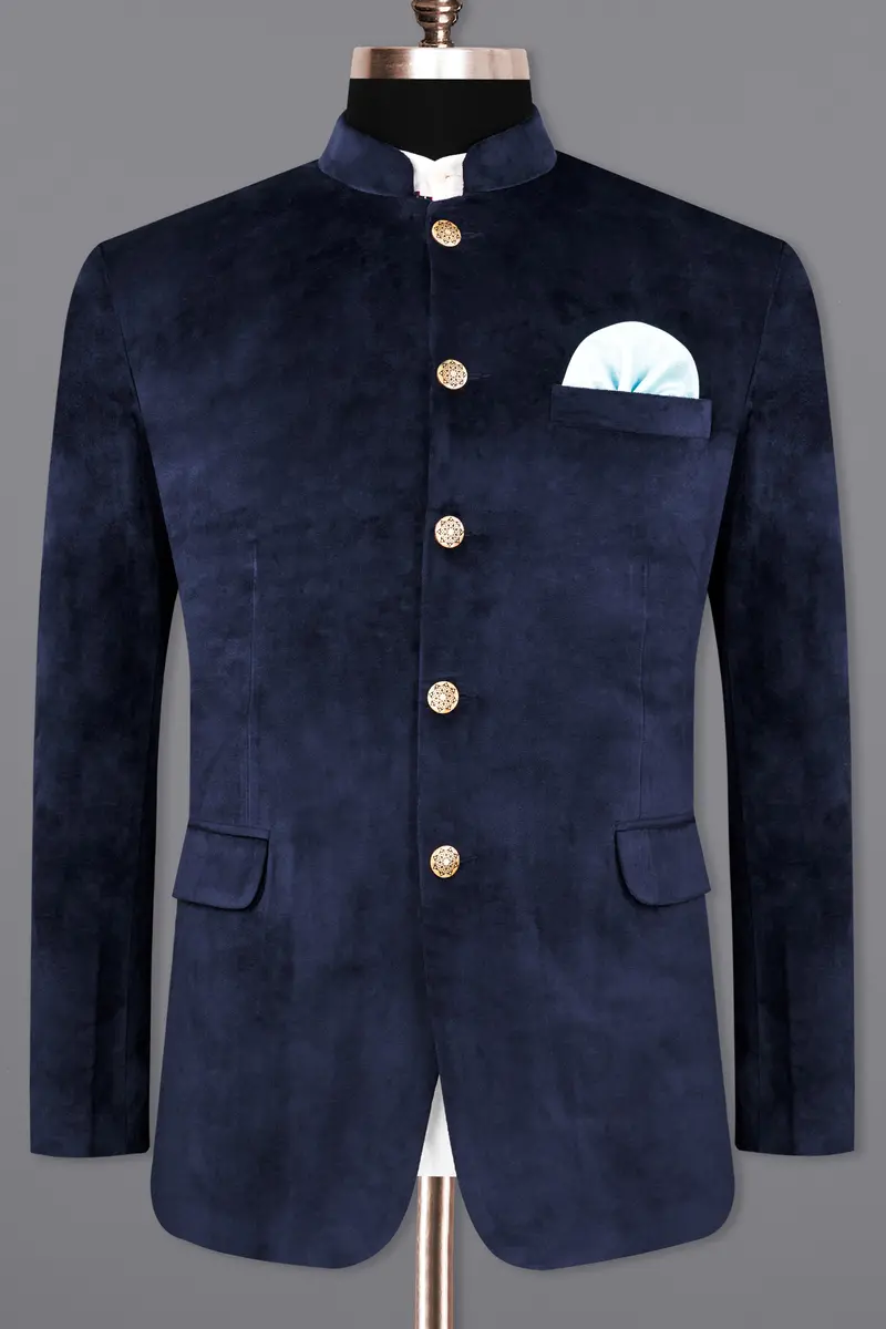 Firefly Blue Bandhgala Velvet Designer Blazer 8