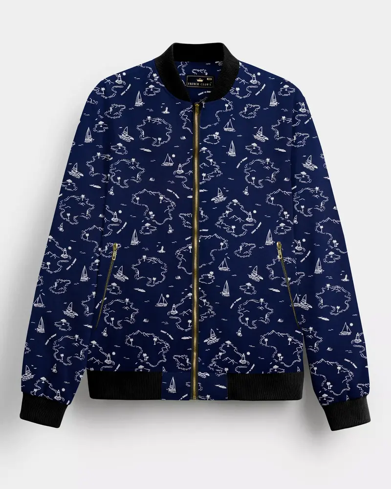 Firefly Blue Boat Printed Premium Cotton Bomber Jacket 1