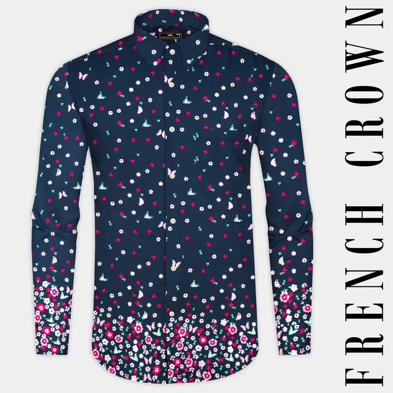 Firefly Blue Flower Butterfly Printed Giza Cotton Shirt 1