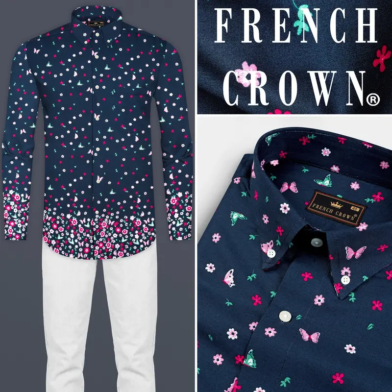 Firefly Blue Flower Butterfly Printed Giza Cotton Shirt 10