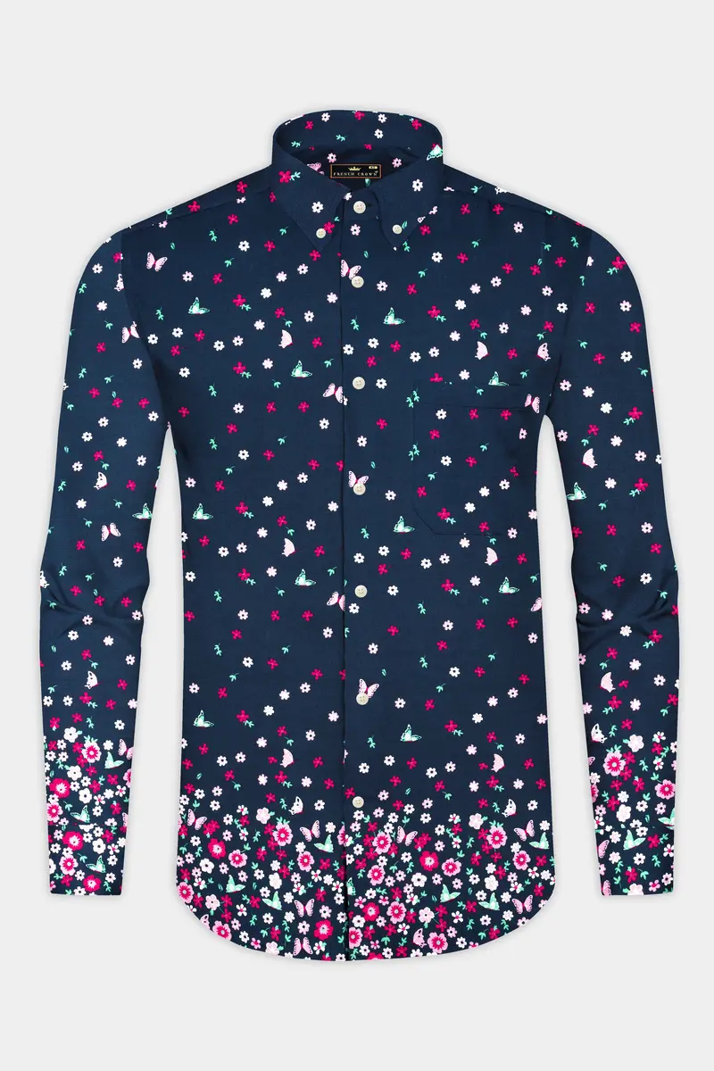 Firefly Blue Flower Butterfly Printed Giza Cotton Shirt 2