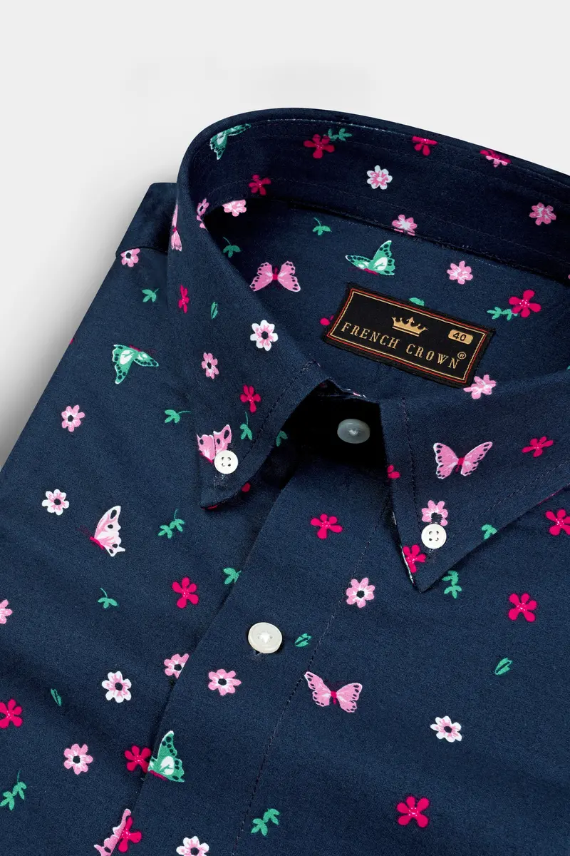 Firefly Blue Flower Butterfly Printed Giza Cotton Shirt 4