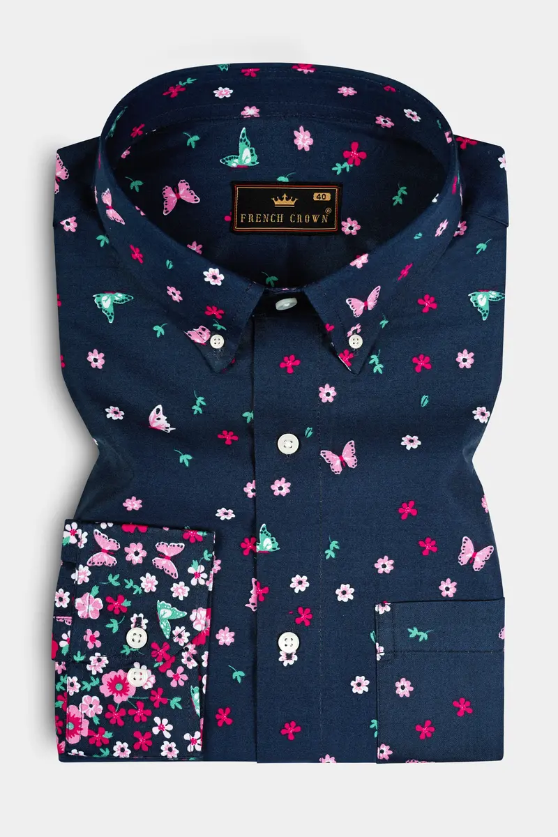 Firefly Blue Flower Butterfly Printed Giza Cotton Shirt 5