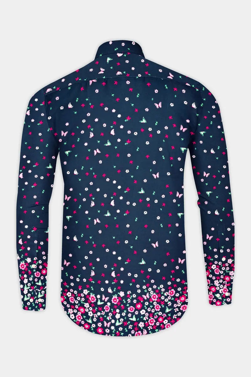 Firefly Blue Flower Butterfly Printed Giza Cotton Shirt 6