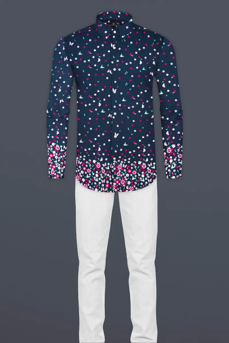 Firefly Blue Flower Butterfly Printed Giza Cotton Shirt 7