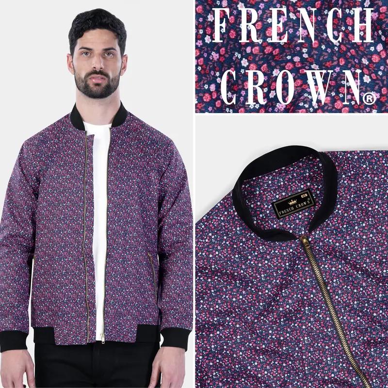 Firefly Blue Multicolour Ditsy Printed Premium Cotton Bomber Jacket 1