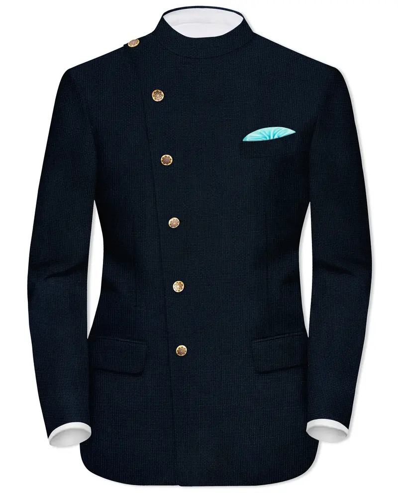 Firefly Blue Premium Cotton Cross Placket Bandhgala Blazer 1