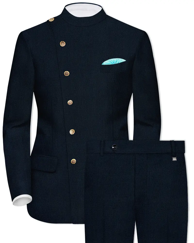 Firefly Blue Premium Cotton Cross Placket Bandhgala Suit 1