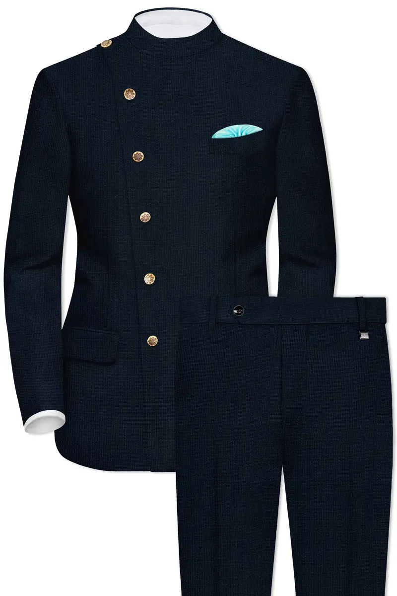 Firefly Blue Premium Cotton Cross Placket Bandhgala Suit 2