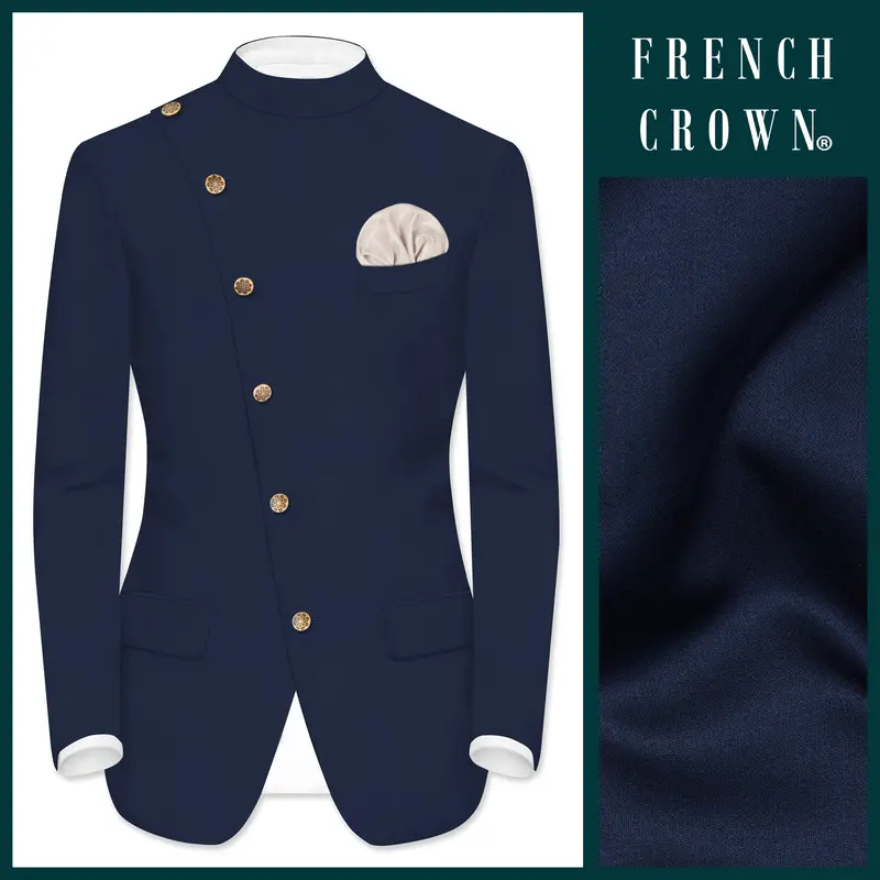 Firefly Blue Solid Wool Rich Cross Placket Bandhgala Blazer 1