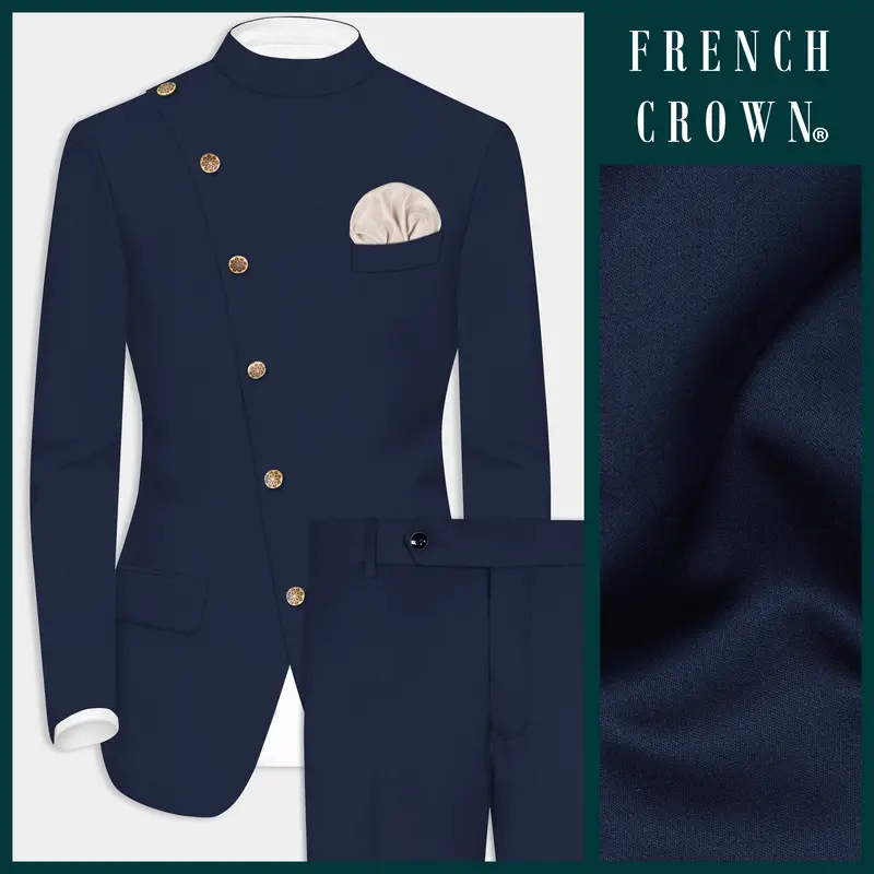 Firefly Blue Solid Wool Rich Cross Placket Bandhgala Suit 1