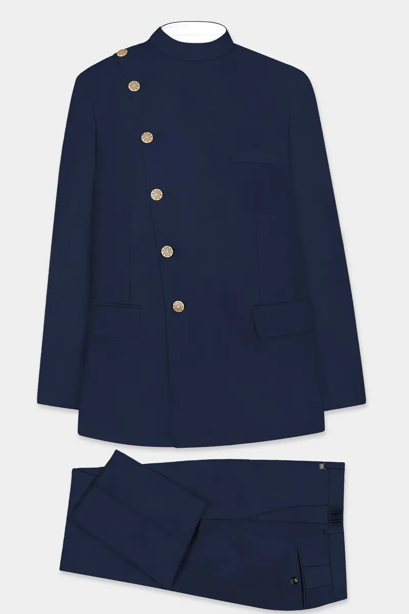Firefly Blue Solid Wool Rich Cross Placket Bandhgala Suit 10