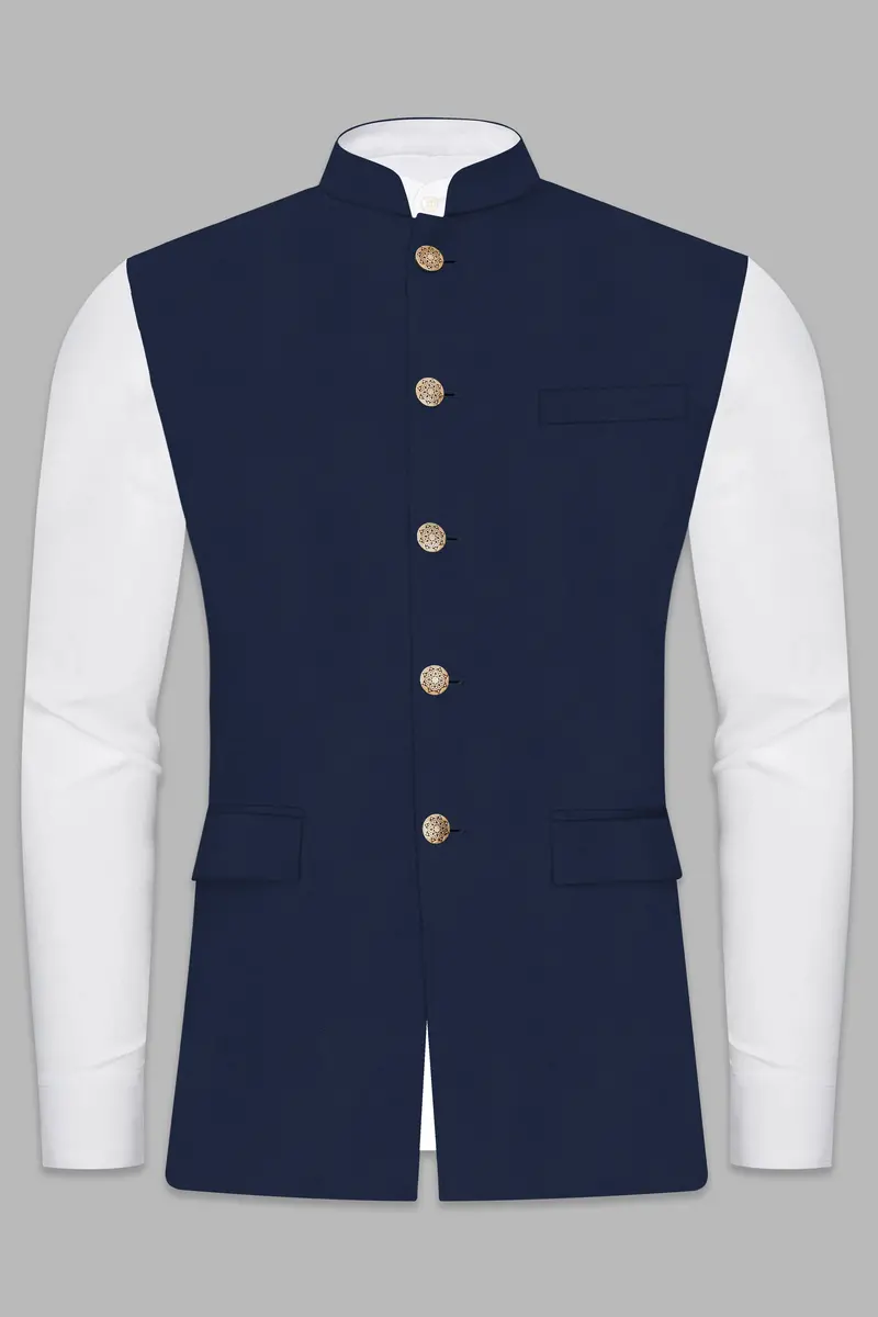 Firefly Blue Solid Wool Rich Cross Placket Bandhgala Suit 15