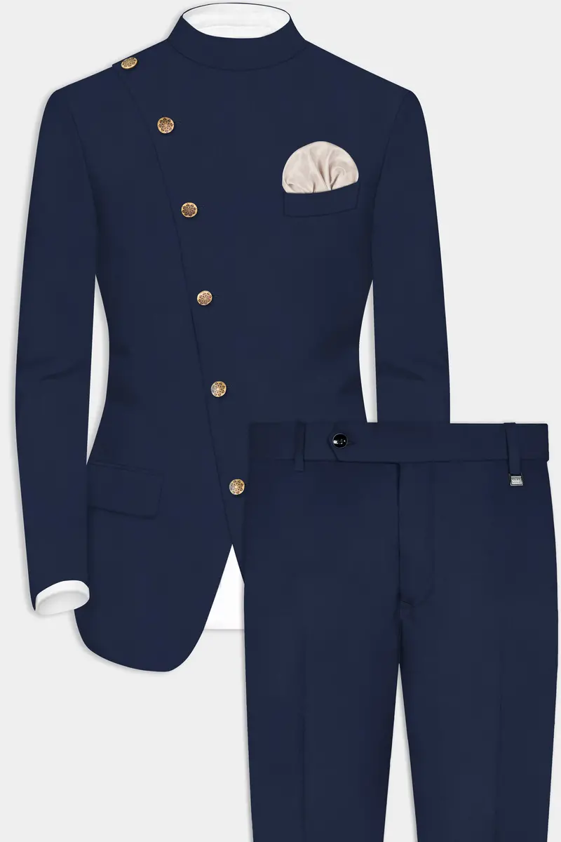 Firefly Blue Solid Wool Rich Cross Placket Bandhgala Suit 2