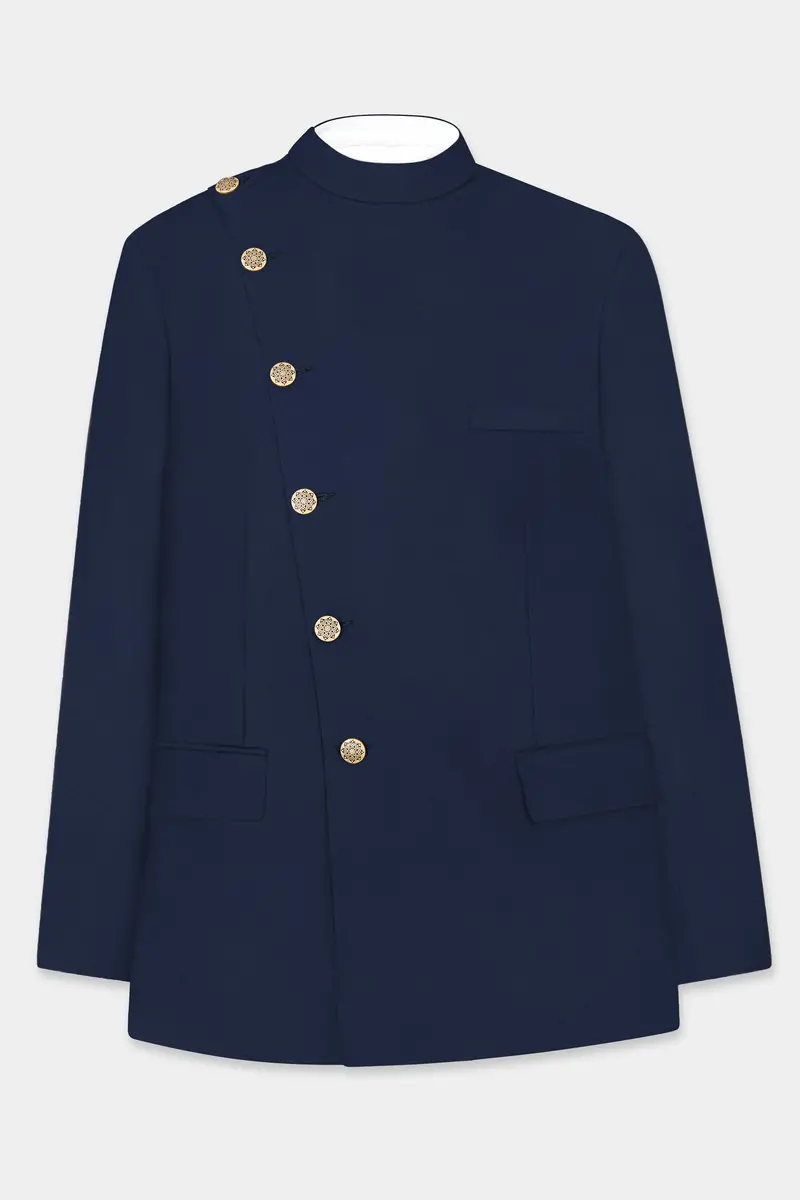 Firefly Blue Solid Wool Rich Cross Placket Bandhgala Suit 7