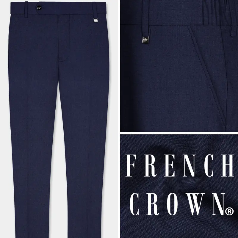 Firefly Blue Textured Wool Blend Stretchable Waistband Pant 1