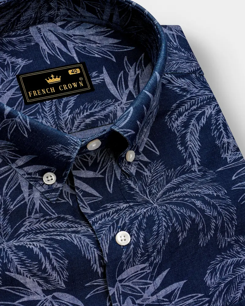 Firefly Blue With Amethyst Gray Leaves Chambray Shirt 1