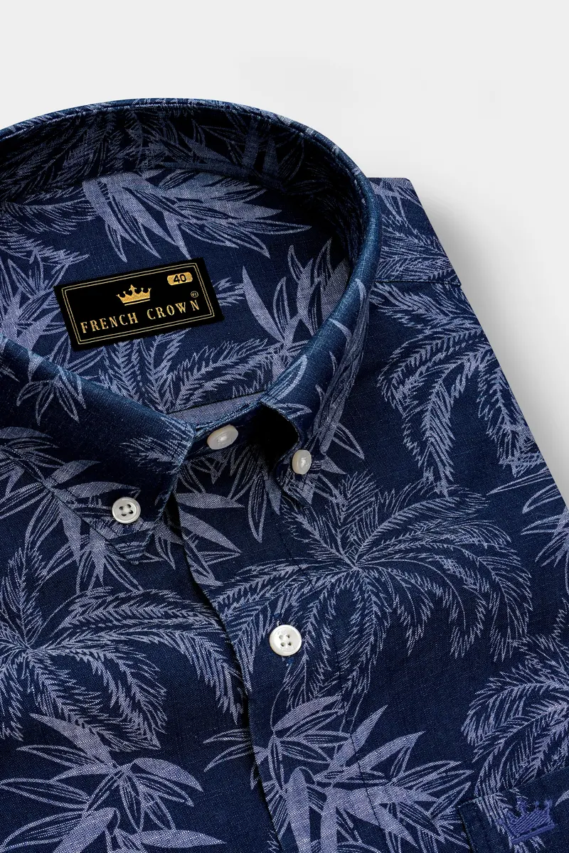 Firefly Blue With Amethyst Gray Leaves Chambray Shirt 2