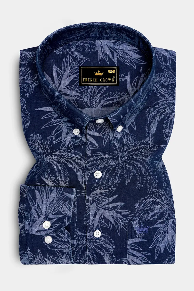 Firefly Blue With Amethyst Gray Leaves Chambray Shirt 4