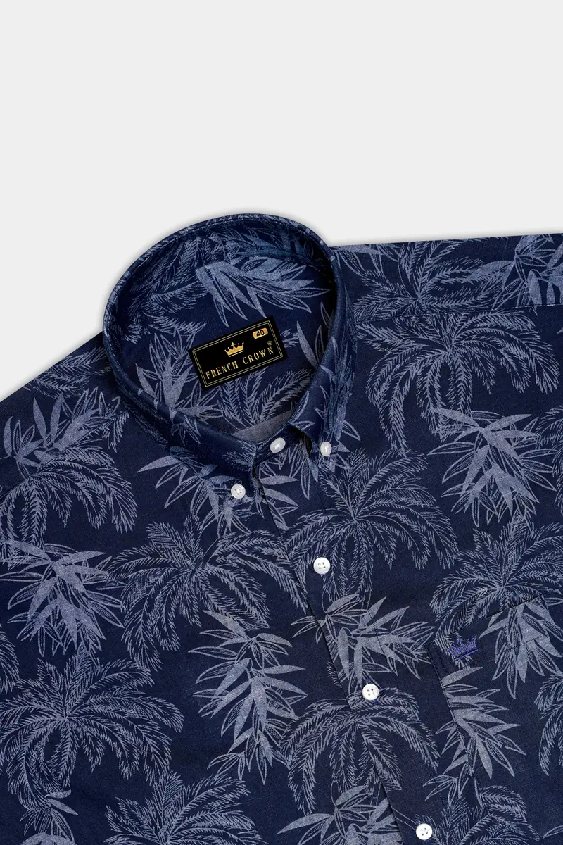 Firefly Blue With Amethyst Gray Leaves Chambray Shirt 5
