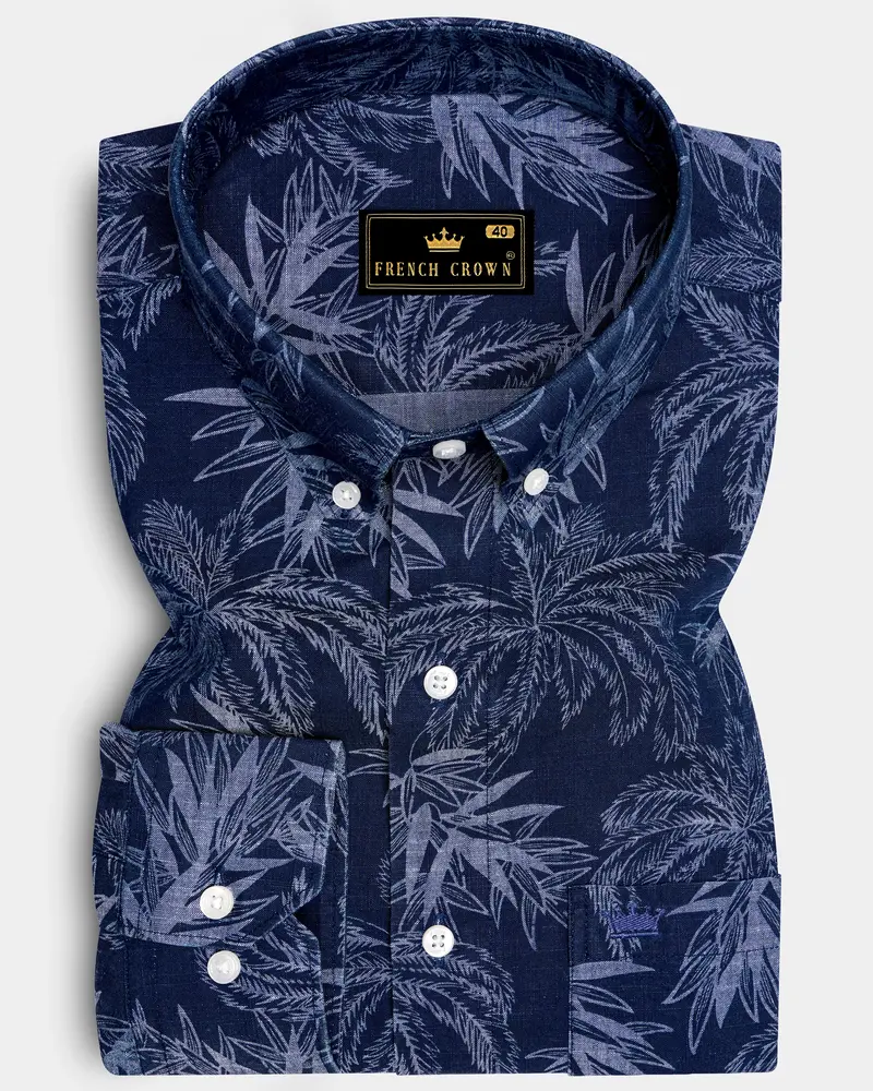 Firefly Blue With Amethyst Gray Leaves Chambray Shirt 6
