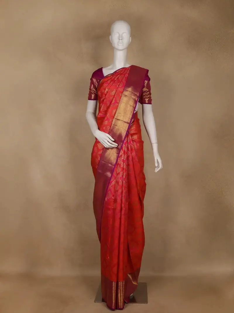Flame Orange Floral Designed Woven Pure Kanchipuram Silk Saree 1