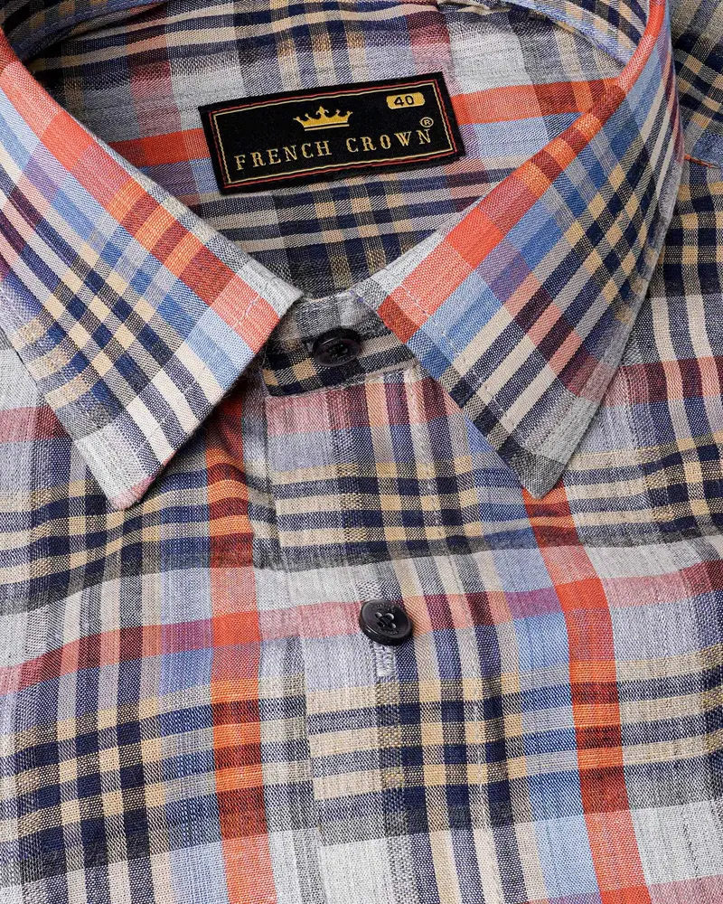 Flame Pea Red And Mirage Blue Plaid Chambray Premium Cotton Shirt 1