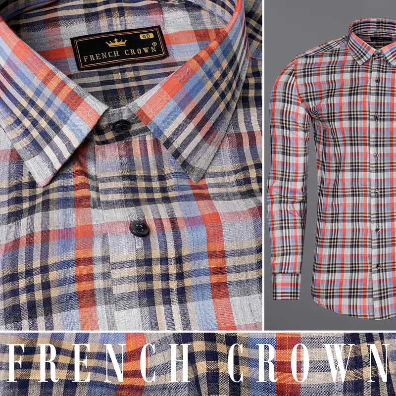 Flame Pea Red And Mirage Blue Plaid Chambray Premium Cotton Shirt 10