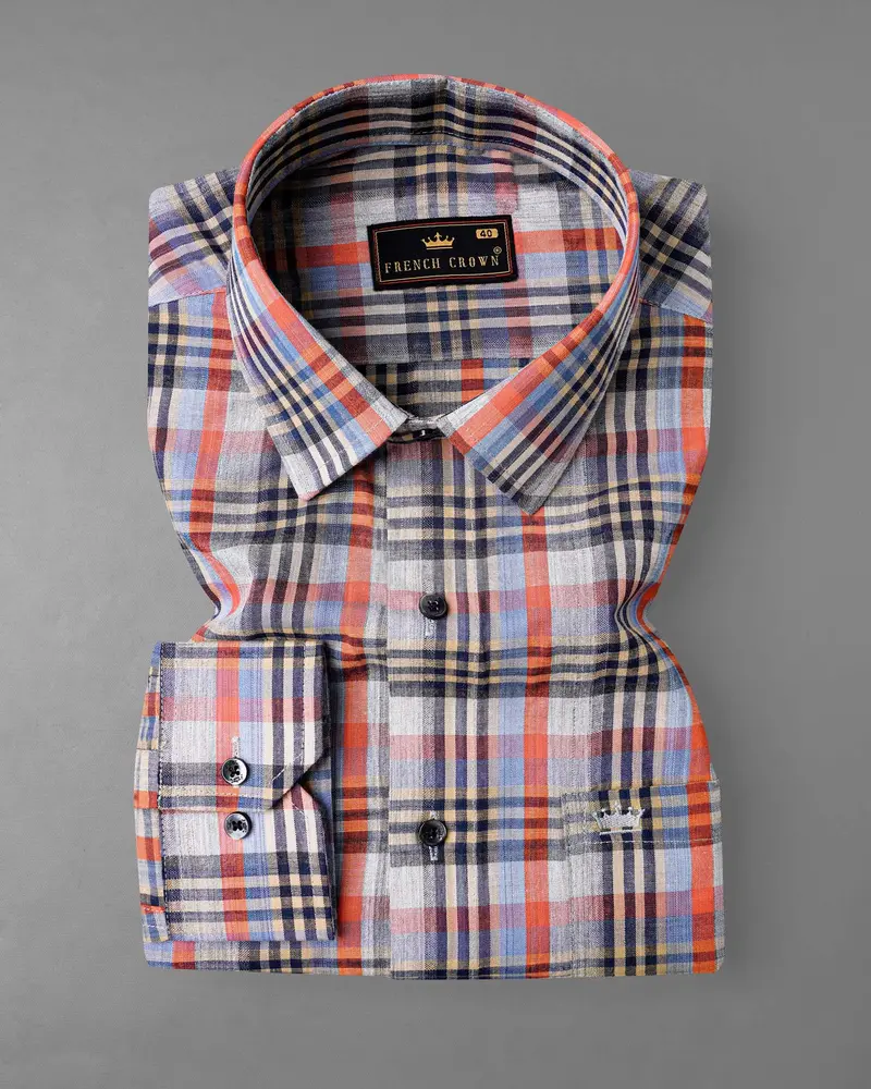 Flame Pea Red And Mirage Blue Plaid Chambray Premium Cotton Shirt 3