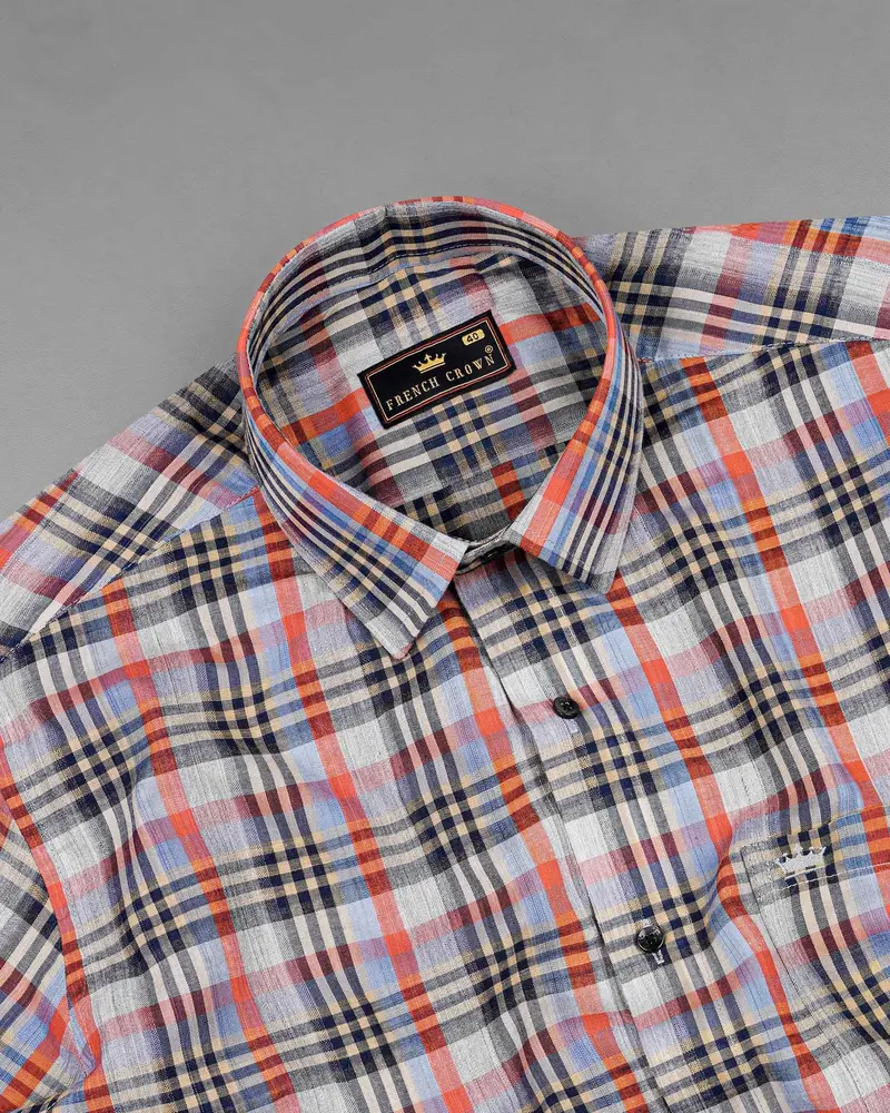 Flame Pea Red And Mirage Blue Plaid Chambray Premium Cotton Shirt 4