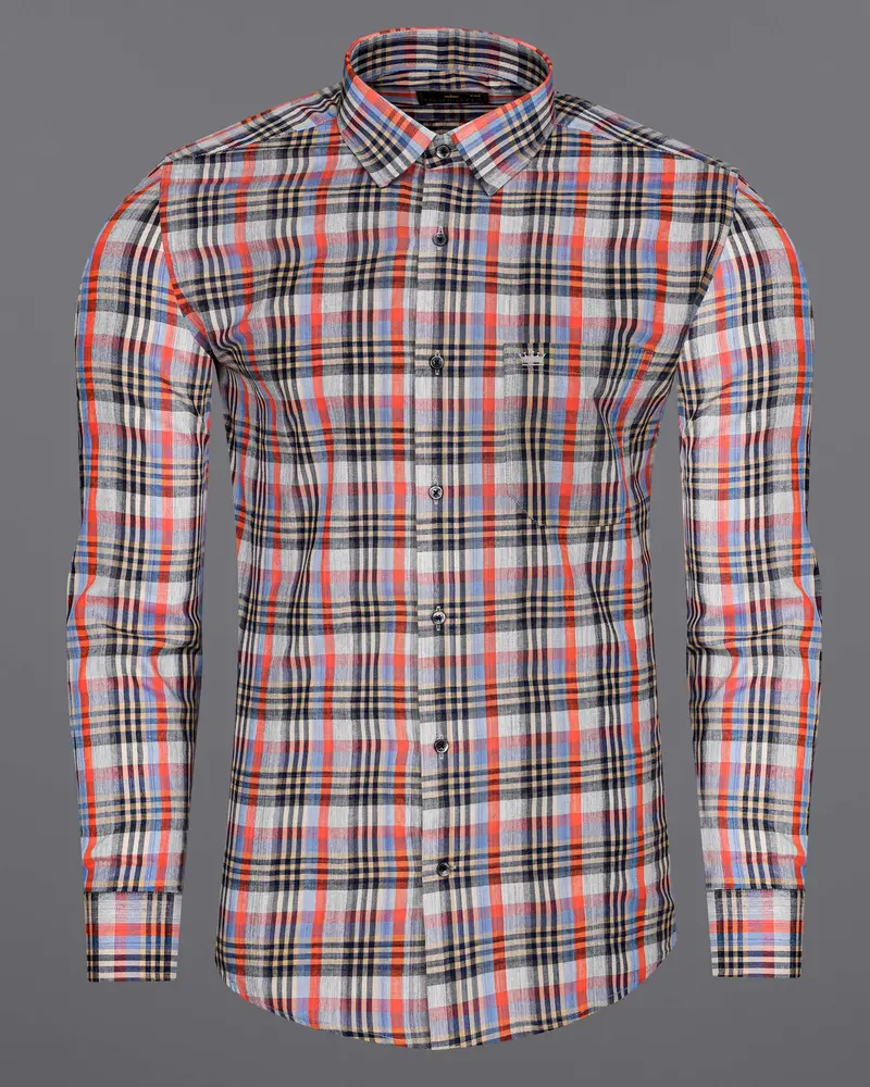 Flame Pea Red And Mirage Blue Plaid Chambray Premium Cotton Shirt 5