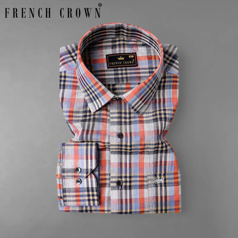 Flame Pea Red And Mirage Blue Plaid Chambray Premium Cotton Shirt 7