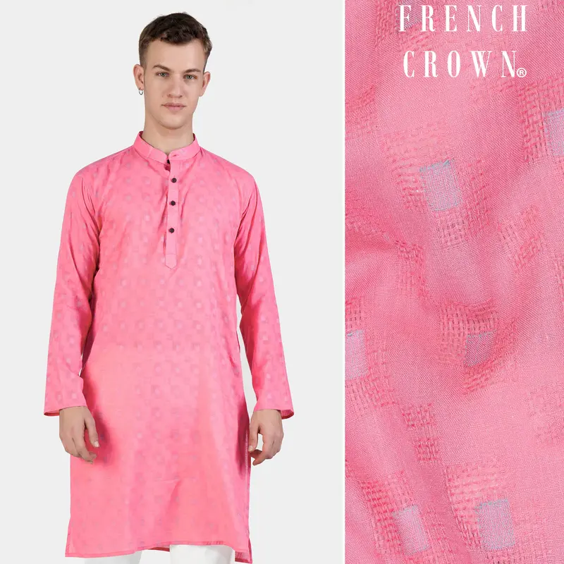 Flamingo Pink Geometric Dobby Textured Premium Giza Cotton Kurta 1