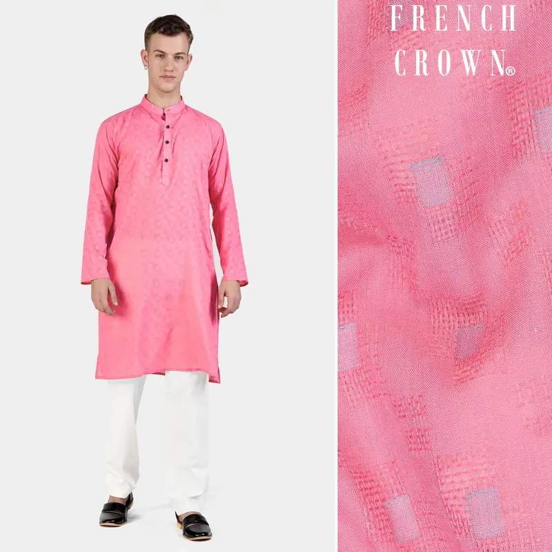 Flamingo Pink Geometric Dobby Textured Premium Giza Cotton Kurta Set 1