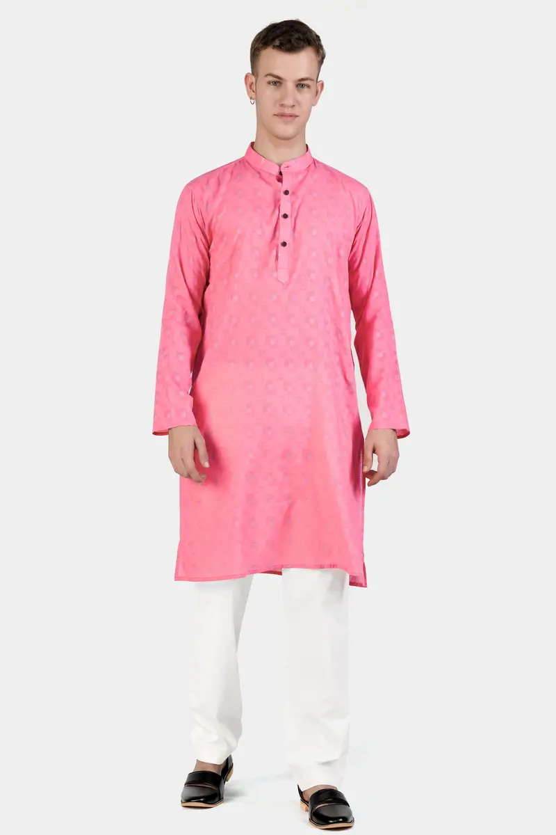 Flamingo Pink Geometric Dobby Textured Premium Giza Cotton Kurta Set 2