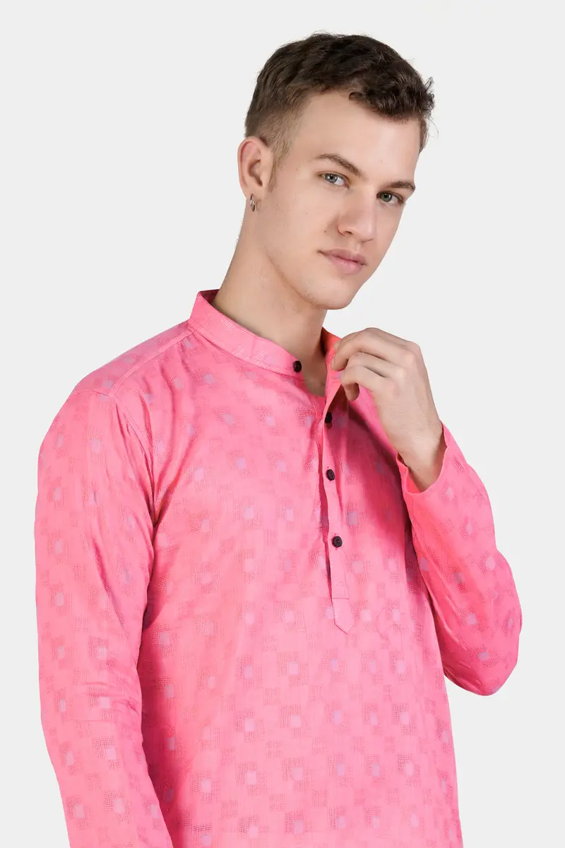 Flamingo Pink Geometric Dobby Textured Premium Giza Cotton Kurta Set 4