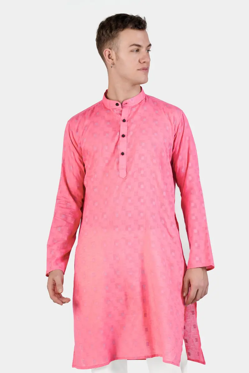 Flamingo Pink Geometric Dobby Textured Premium Giza Cotton Kurta Set 5