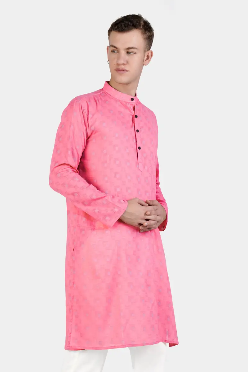 Flamingo Pink Geometric Dobby Textured Premium Giza Cotton Kurta Set 6