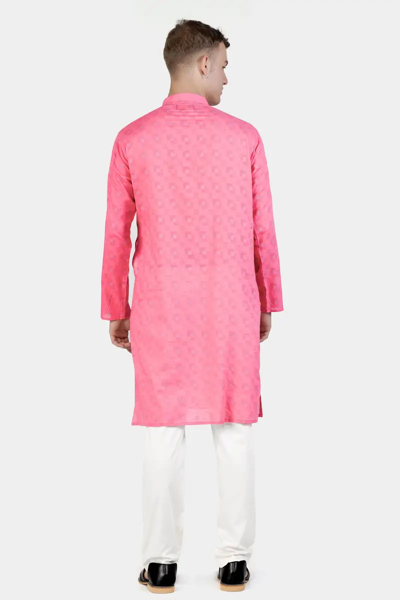 Flamingo Pink Geometric Dobby Textured Premium Giza Cotton Kurta Set 7